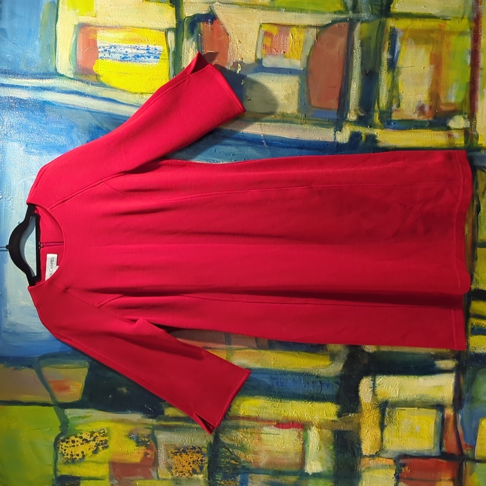 Sara Campbell Deep Red Sheath 100% Wool Dress 3/4 Split Sleeves Pockets Women 14